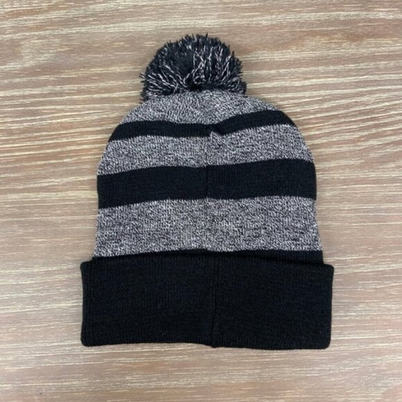 Poshmark Logo Pom Pom Beanie NWT Two Tone Cuffed Winter Cozy Fall Striped Warm - Picture 4 of 4